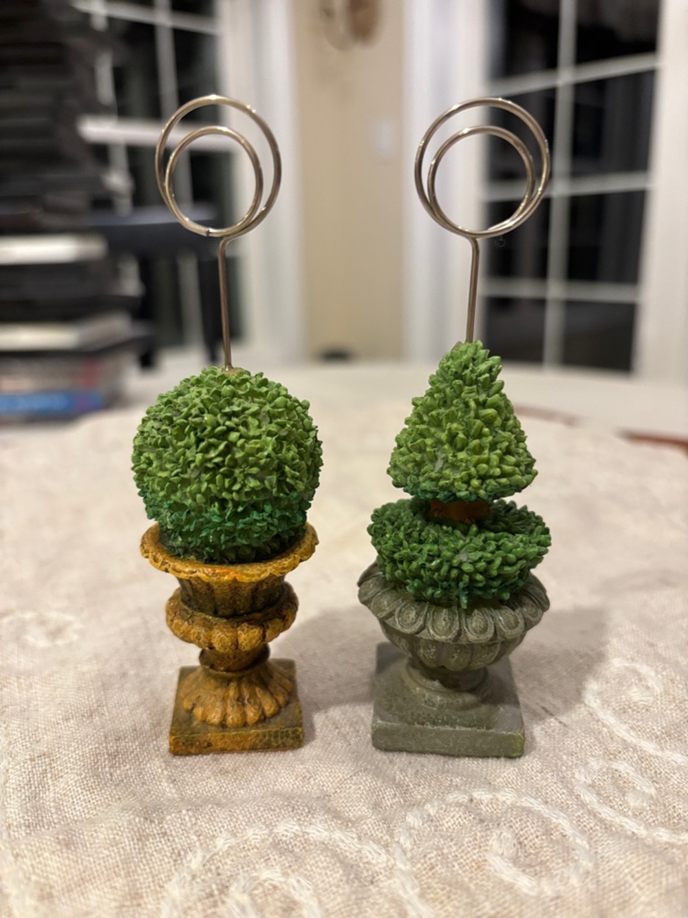 Abrand Green Topiary Card Holders with Gold and Gray Urns